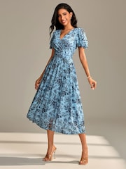 Jolie Moi Blue Flutter Sleeve Mesh Maxi Dress - Image 5 of 6
