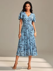 Jolie Moi Blue Flutter Sleeve Mesh Maxi Dress - Image 6 of 6