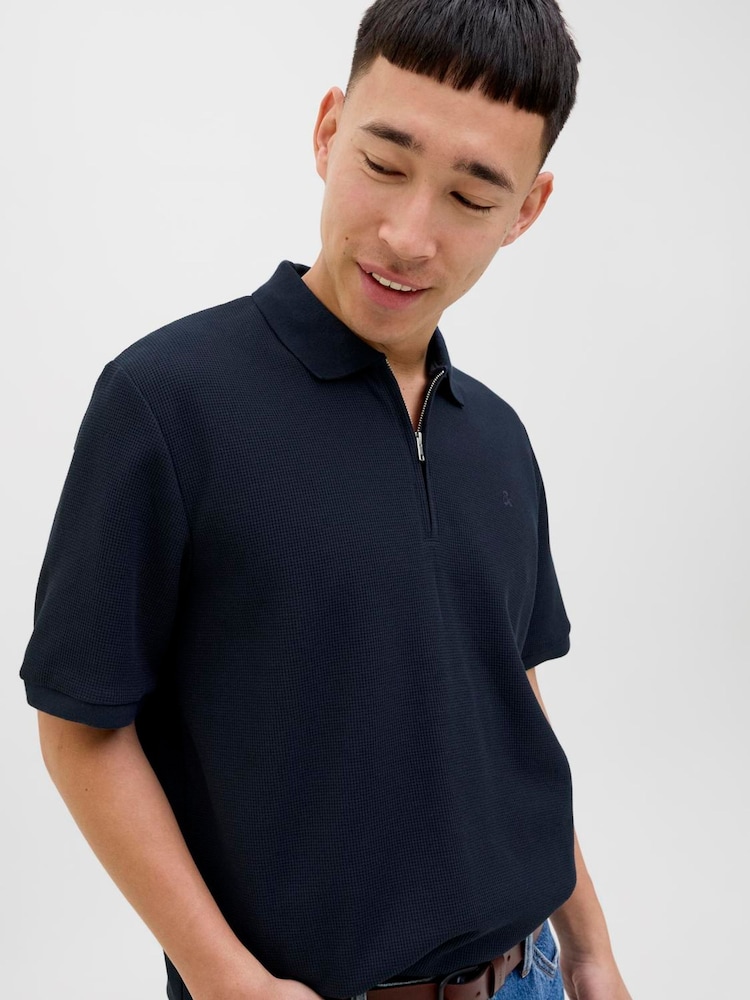 JACK & JONES Blue 1/4 Zip Short Sleeve Polo Shirt - Image 3 of 3