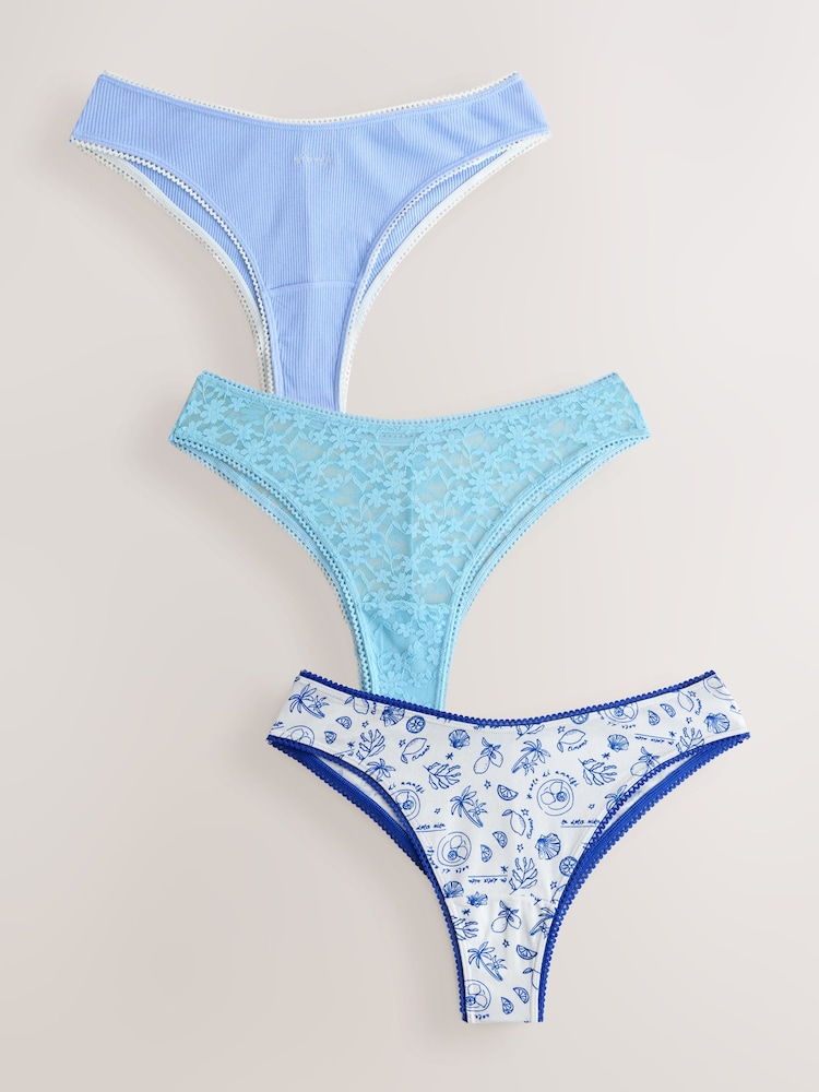 Blue Brazilian Cotton And Lace Knickers 3 Pack - Image 1 of 6 Blue Brazilian Cotton And Lace Knickers 3 Pack - Image 1 of 6