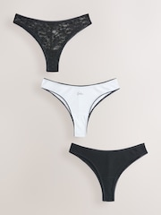 Black/White Brazilian Cotton And Lace Knickers 3 Pack - Image 1 of 6