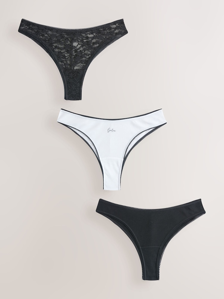 Black/White Brazilian Cotton And Lace Knickers 3 Pack - Image 1 of 6 Black/White Brazilian Cotton And Lace Knickers 3 Pack - Image 1 of 6