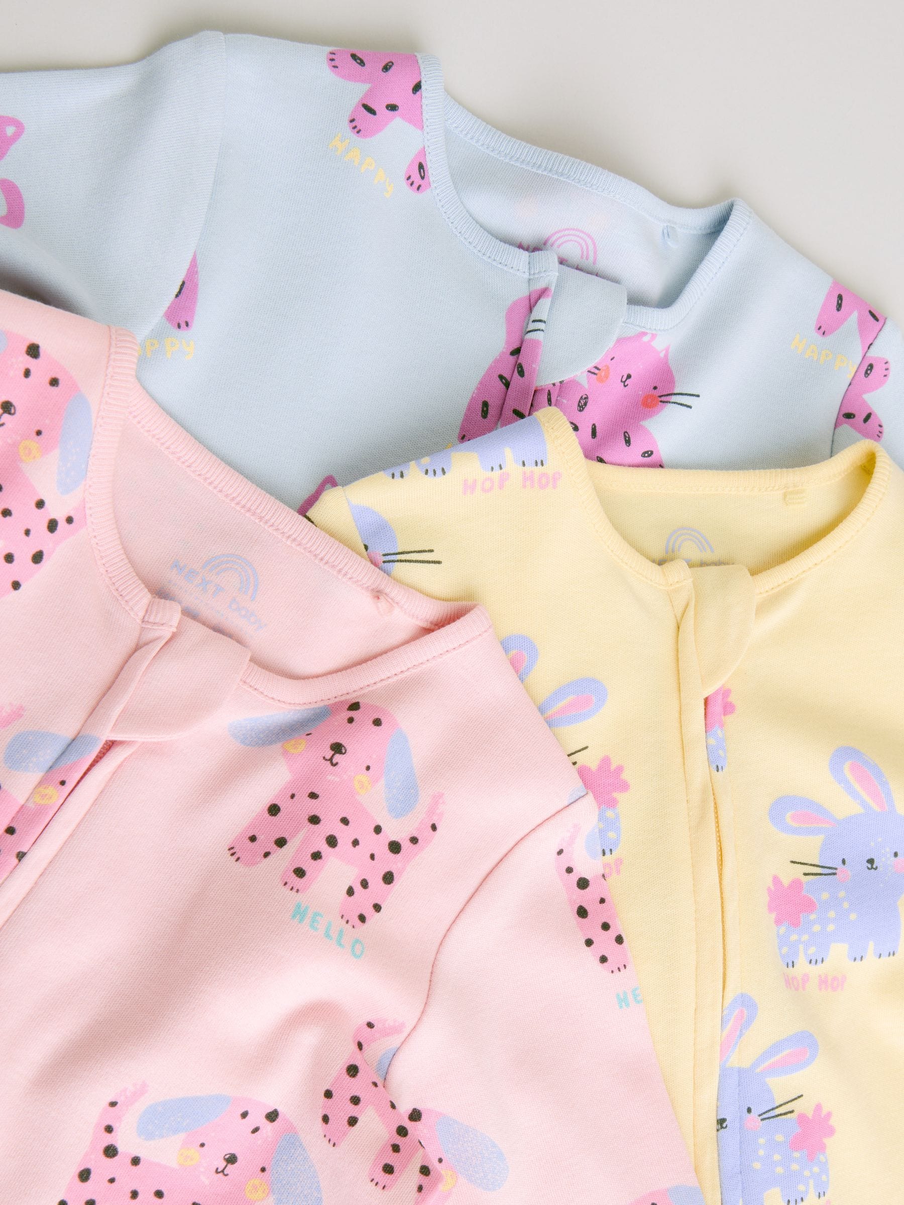 Buy Pink/Yellow character Two Way Zip Baby Sleepsuits 3 Pack