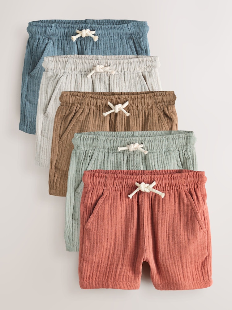 Neutral/Brown/Red/Blue/Sage Green Soft Textured Pull On Shorts 5 Pack (3mths-7yrs) - Image 1 of 9 Neutral/Brown/Red/Blue/Sage Green Soft Textured Pull On Shorts 5 Pack (3mths-7yrs) - Image 1 of 9