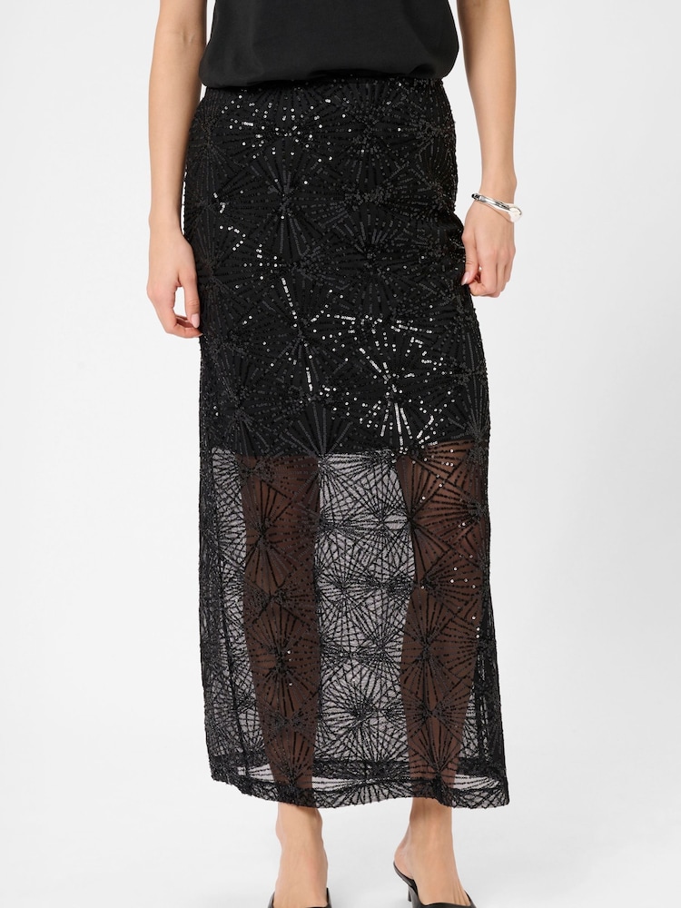 Kaffe KAlinna Side Split Sequin Maxi Black Skirt - Image 1 of 6