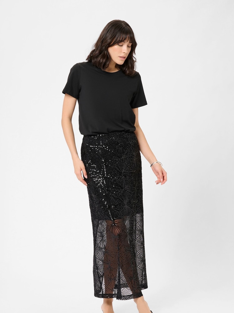 Kaffe KAlinna Side Split Sequin Maxi Black Skirt - Image 2 of 6