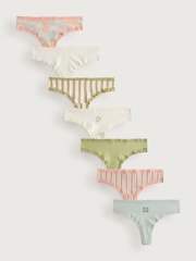 Pink/Green Thong Cotton and Lace Knickers 7 Pack - Image 1 of 10