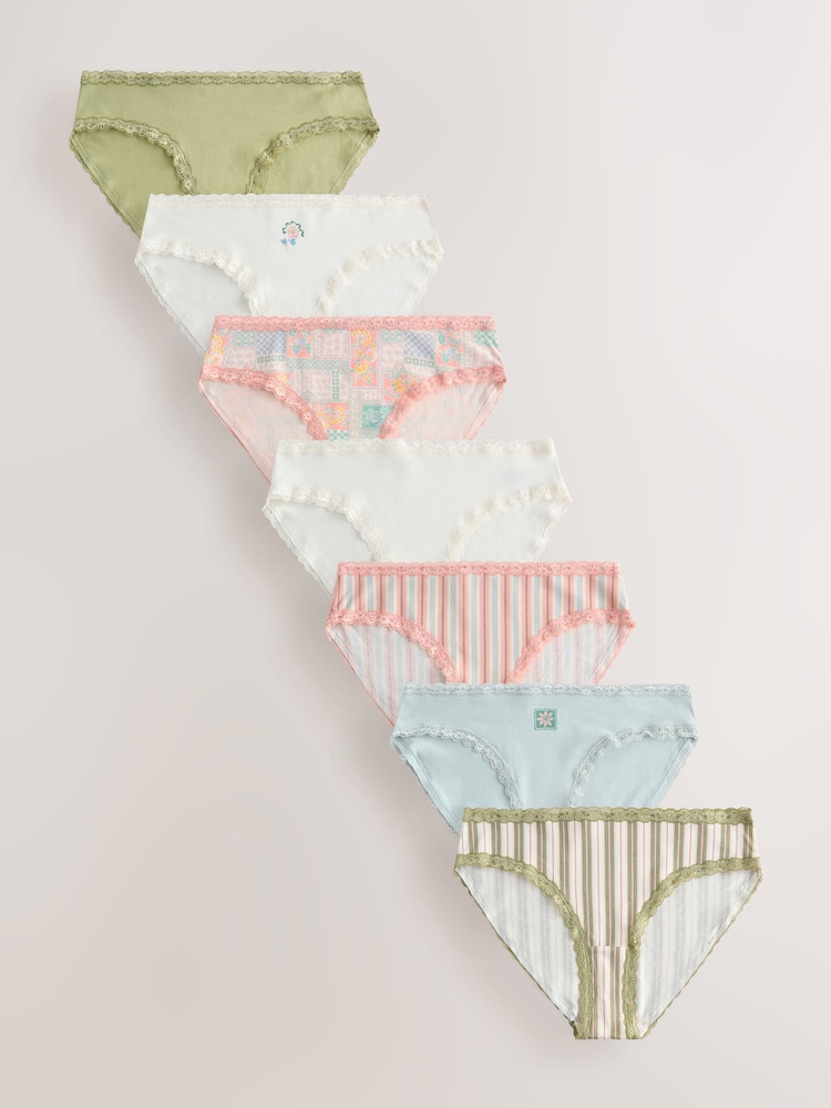 Pink/Green High Leg Cotton and Lace Knickers 7 Pack - Image 1 of 10