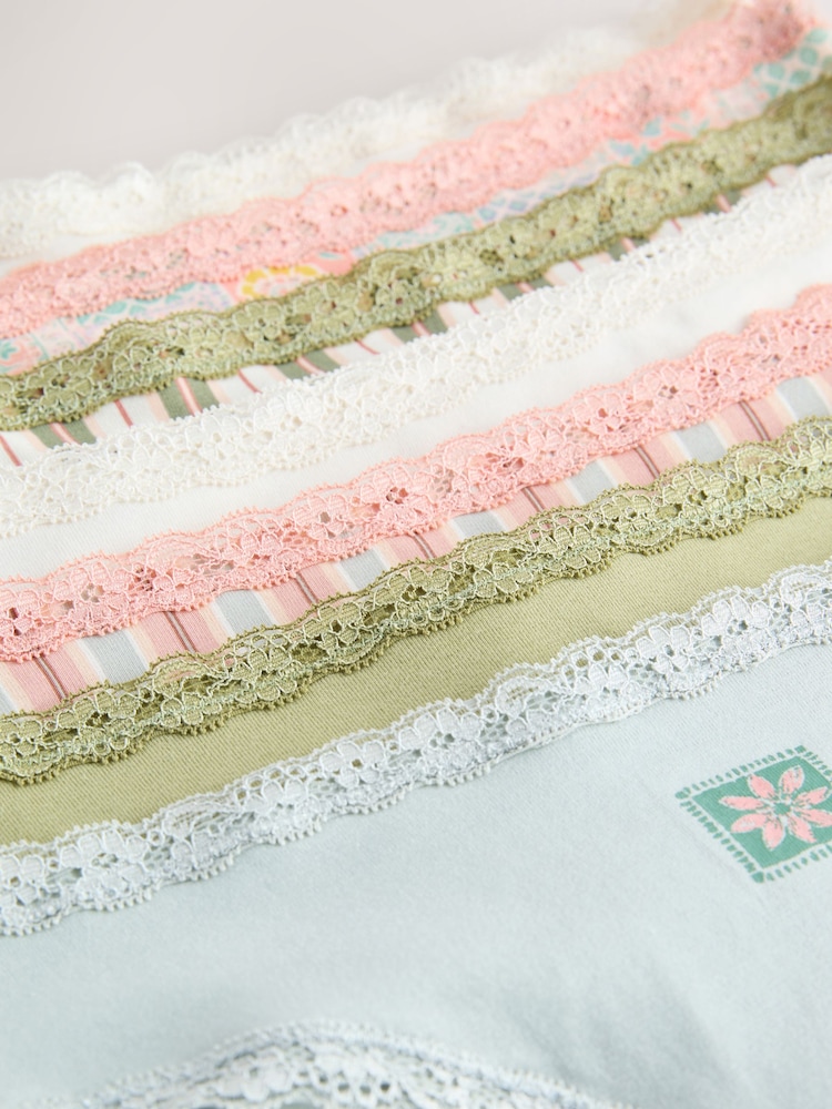 Pink/Green High Leg Cotton and Lace Knickers 7 Pack - Image 10 of 10