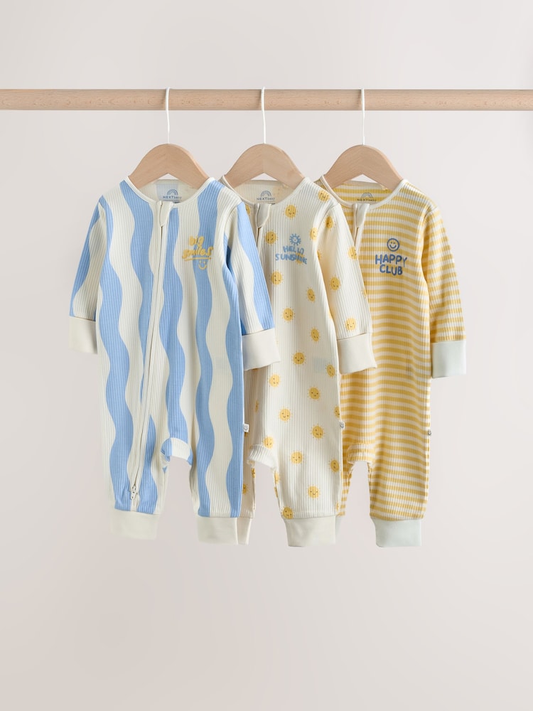 Yellow/Blue Sunshine Two Way Zip Baby Sleepsuits 3 Pack (0mths-3yrs) - Image 1 of 12