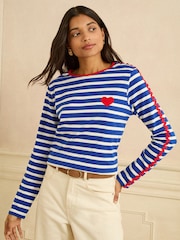 Love & Roses Cobalt Blue Stripe Embroidered Heart Ric Rac Trim Long Sleeve Top - Image 1 of 4