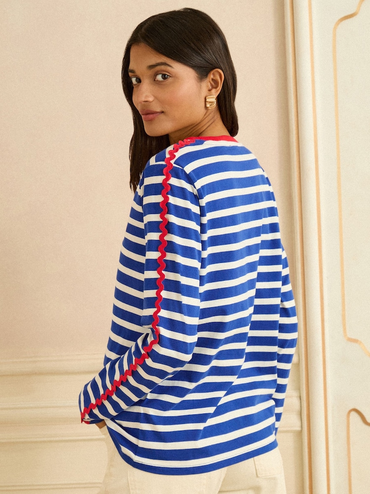Love & Roses Cobalt Blue Stripe Embroidered Heart Ric Rac Trim Long Sleeve Top - Image 4 of 4