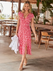 Sosandar Pink Spot Print Faux Wrap Dress - Image 1 of 5