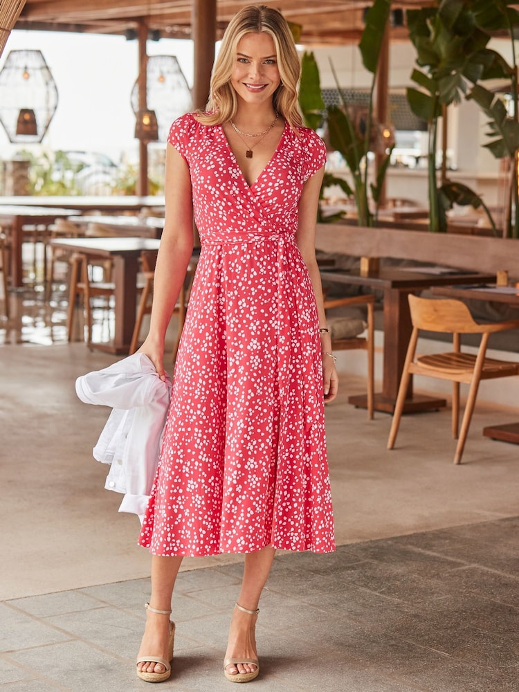 Sosandar Pink Spot Print Faux Wrap Dress - Image 5 of 5