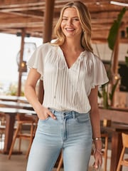 Sosandar Cream Chiffon Sleeve Plisse Top - Image 5 of 5