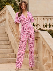Sosandar Pink Geometric Spot Print Belted Jumpsuit - Image 4 of 5