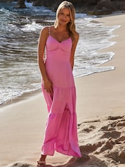 Sosandar Pink Petite Linen Rich Tiered Hem Maxi Dress - Image 1 of 5