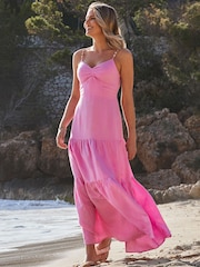 Sosandar Pink Petite Linen Rich Tiered Hem Maxi Dress - Image 2 of 5