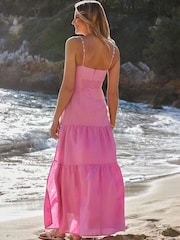 Sosandar Pink Petite Linen Rich Tiered Hem Maxi Dress - Image 3 of 5