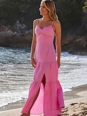Sosandar Pink Petite Linen Rich Tiered Hem Maxi Dress - Image 5 of 5