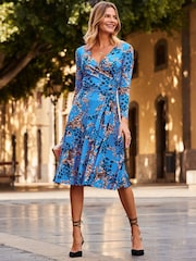 Sosandar Blue WOW Print Faux Wrap Midi Dress - Image 2 of 5