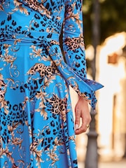 Sosandar Blue WOW Print Faux Wrap Midi Dress - Image 4 of 5