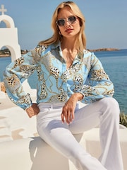 Sosandar Blue WOW Print Blouson Sleeve Shirt - Image 1 of 4