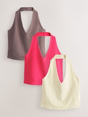 Pink/Yellow/Brown Halter Neck Tops 3 Pack - Image 1 of 10