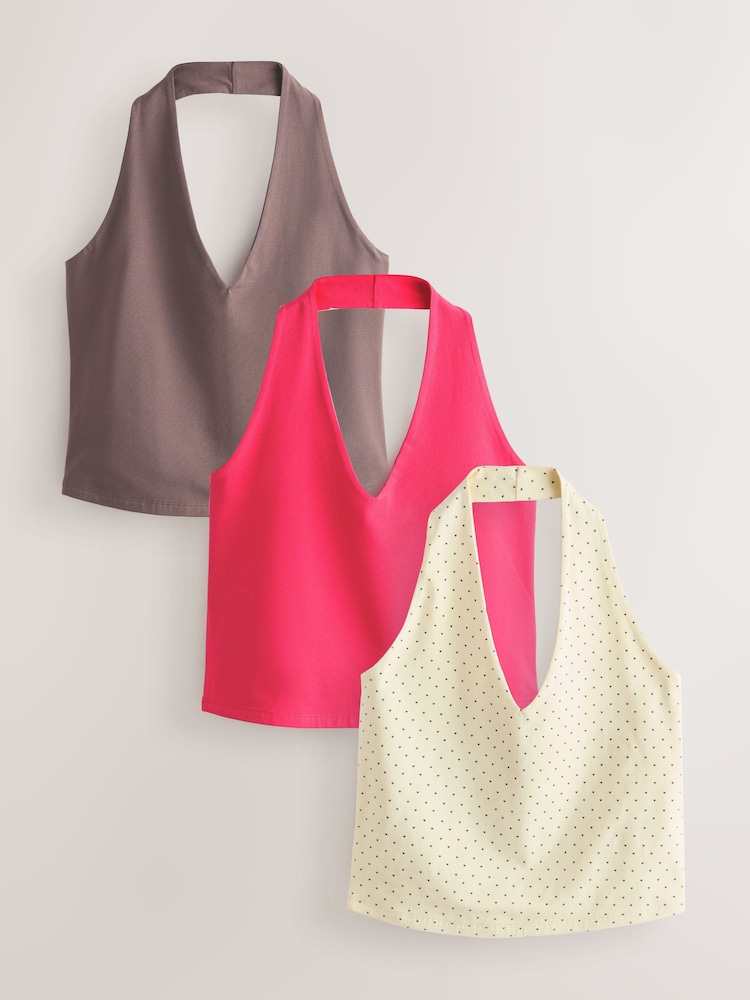 Pink/Yellow/Brown Halter Neck Tops 3 Pack - Image 1 of 10