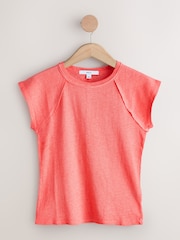 Coral Pink Raw Seam Detail Short Capped Sleeve T-Shirt - Image 5 of 7