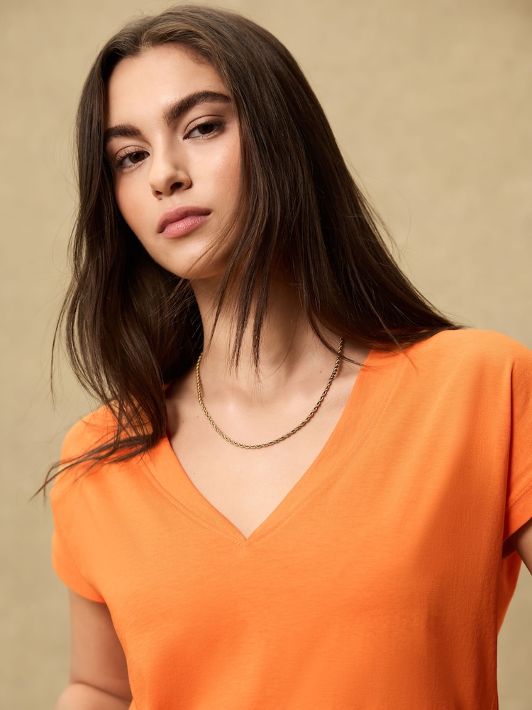 Orange V-Neck Cap Sleeve T-Shirt - Image 2 of 8