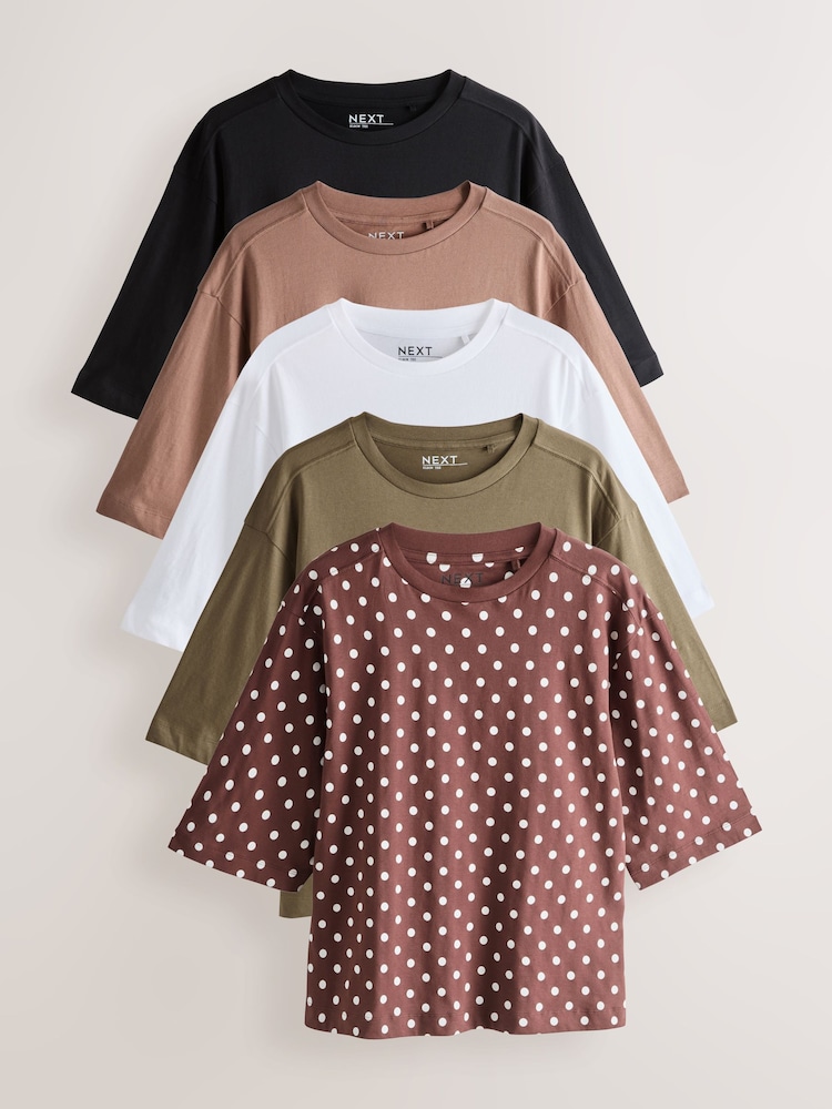 Rust/ Neutral/Yellow/Green/Red - Чыканак узундугуна ээ, эркин бокс формасындагы футболка 5 топтому - 13ичинен 1 сүрөт