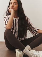 Pink/Brown/White Stripe Relaxed Boxy Elbow Length Crew Neck T-Shirt - Image 1 of 8