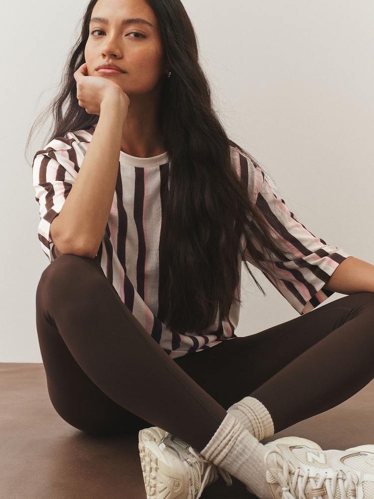 Pink/Brown/White Stripe Relaxed Boxy Elbow Length Crew Neck T-Shirt - Image 1 of 8