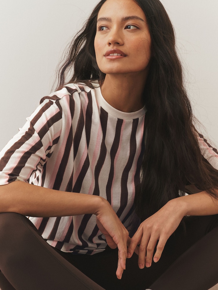 Pink/Brown/White Stripe Relaxed Boxy Elbow Length Crew Neck T-Shirt - Image 2 of 8