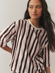 Pink/Brown/White Stripe Relaxed Boxy Elbow Length Crew Neck T-Shirt - Image 3 of 8