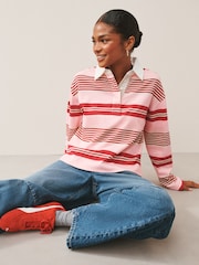 Pink/Red Stripe Collared Long Sleeve Rugby Top - Image 1 of 7
