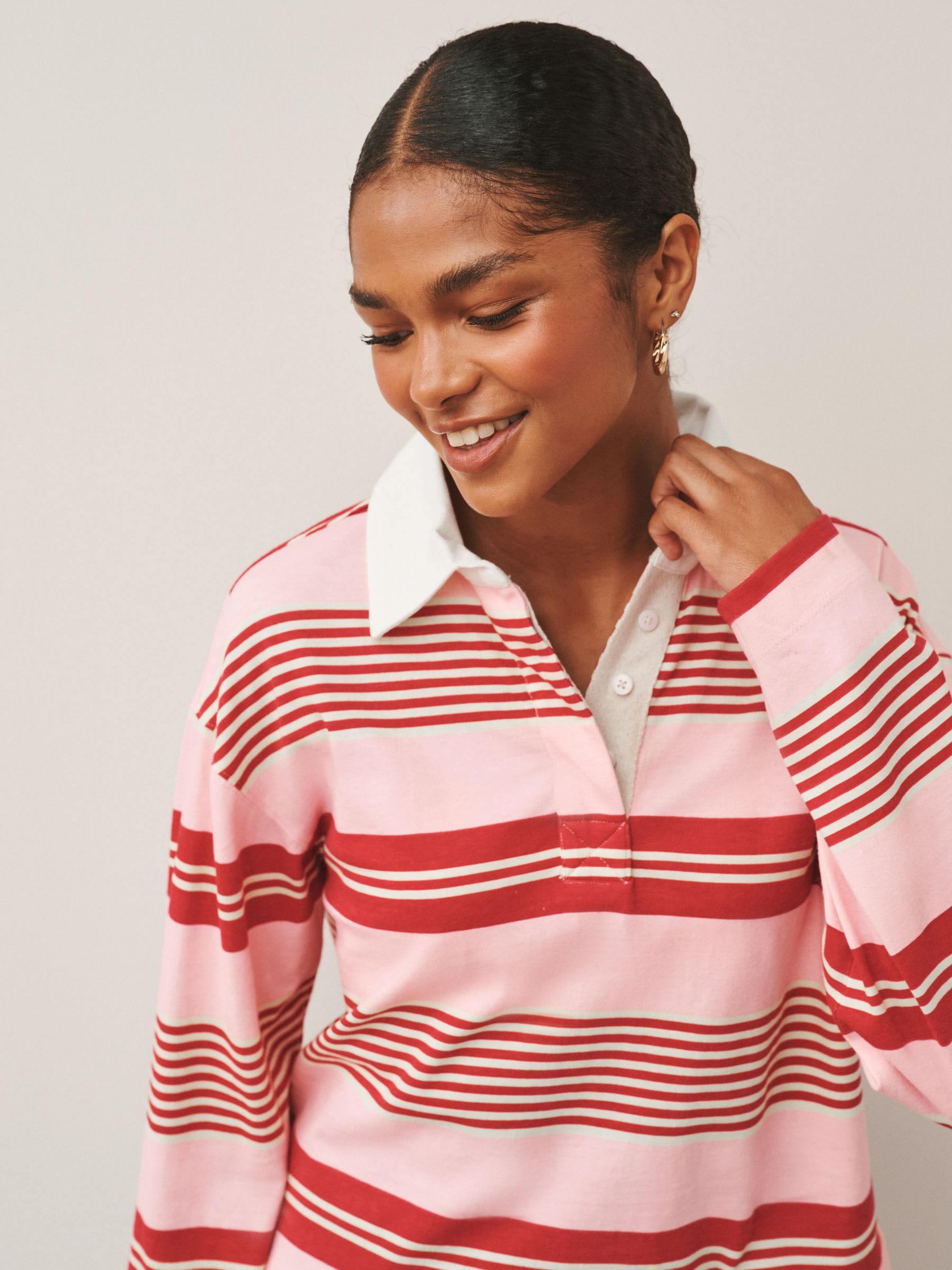 Buy Pink/Red Stripe Collared Long Sleeve Rugby Top from Next Canada
