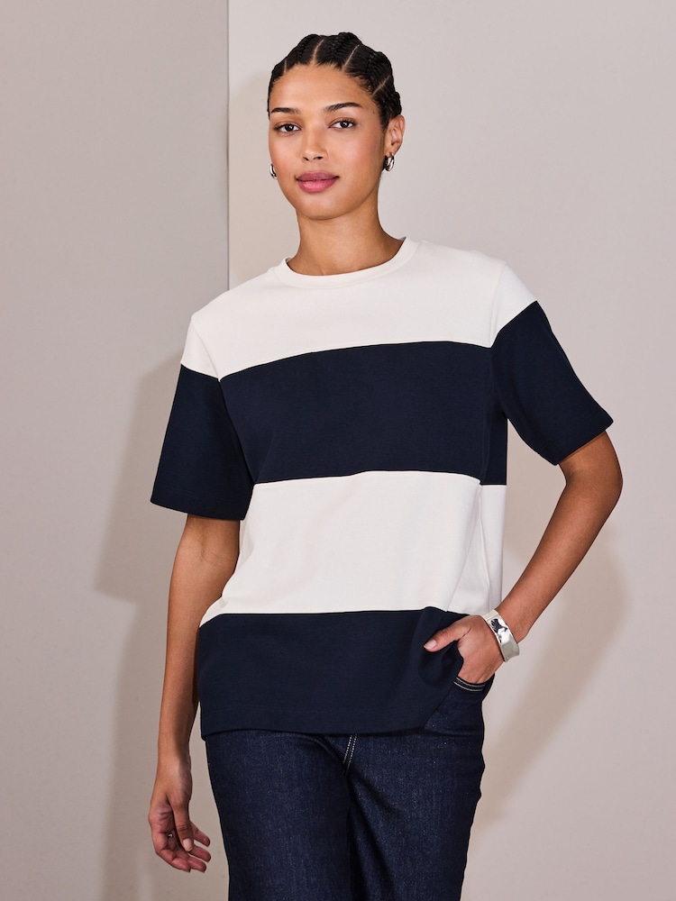 Navy/Ecru Stripe Heavyweight Short Sleeve Crew Neck T-Shirt - Image 1 of 5 Navy/Ecru Stripe Heavyweight Short Sleeve Crew Neck T-Shirt - Image 1 of 5