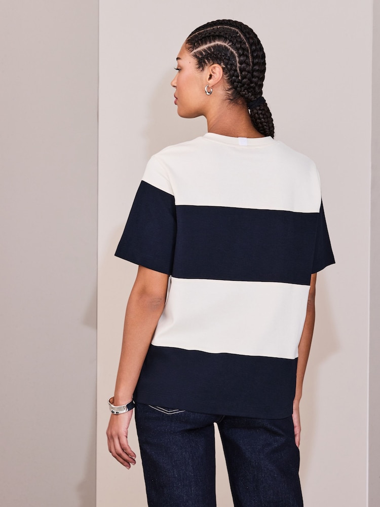 Navy/Ecru Stripe Heavyweight Short Sleeve Crew Neck T-Shirt - Image 2 of 5 Navy/Ecru Stripe Heavyweight Short Sleeve Crew Neck T-Shirt - Image 2 of 5