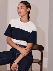 Navy/Ecru Stripe Heavyweight Short Sleeve Crew Neck T-Shirt - Image 3 of 5