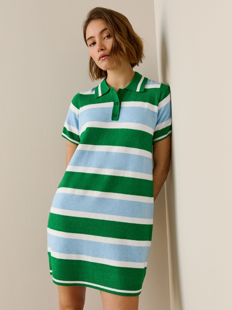 Green/Blue Stripe Supersoft Short Sleeve Knitted Mini Polo Dress - Image 1 of 6
