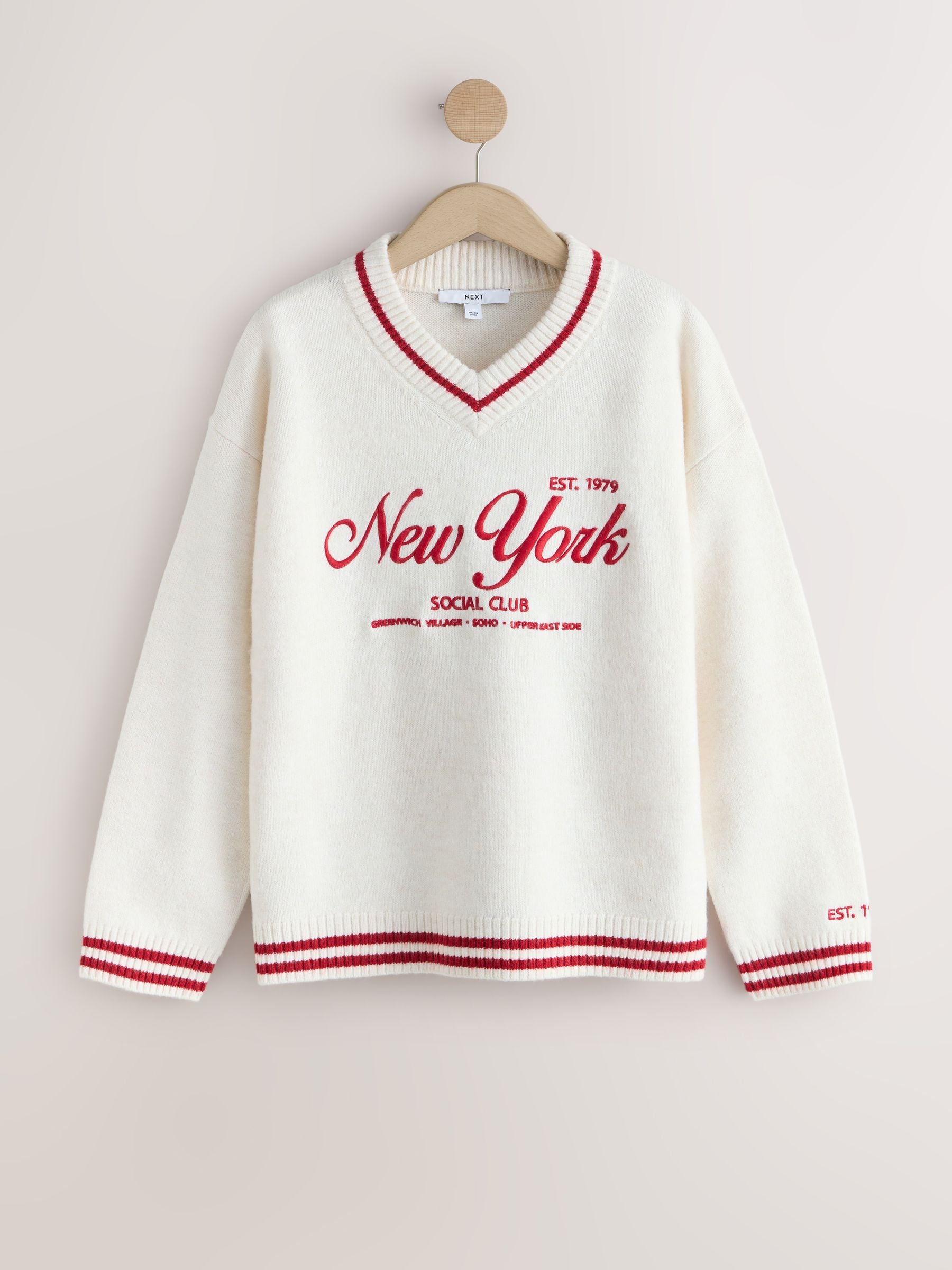 Buy Екрю/Червоний з обробкою - V-Neck Sporty Graphic Jumper With