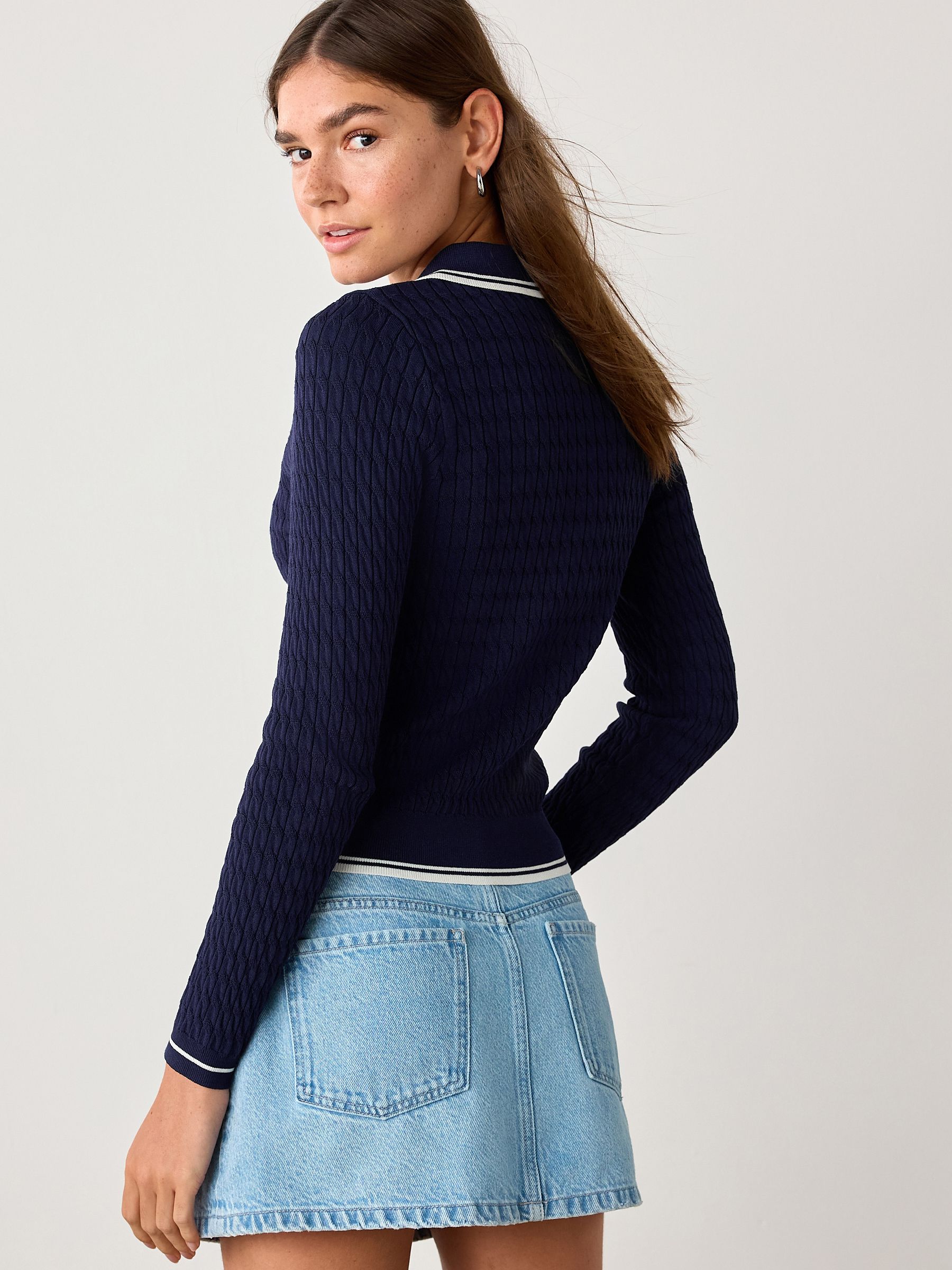 Buy Navy Blue Tipped Cable Knit Polo Collar Top from Next Romania