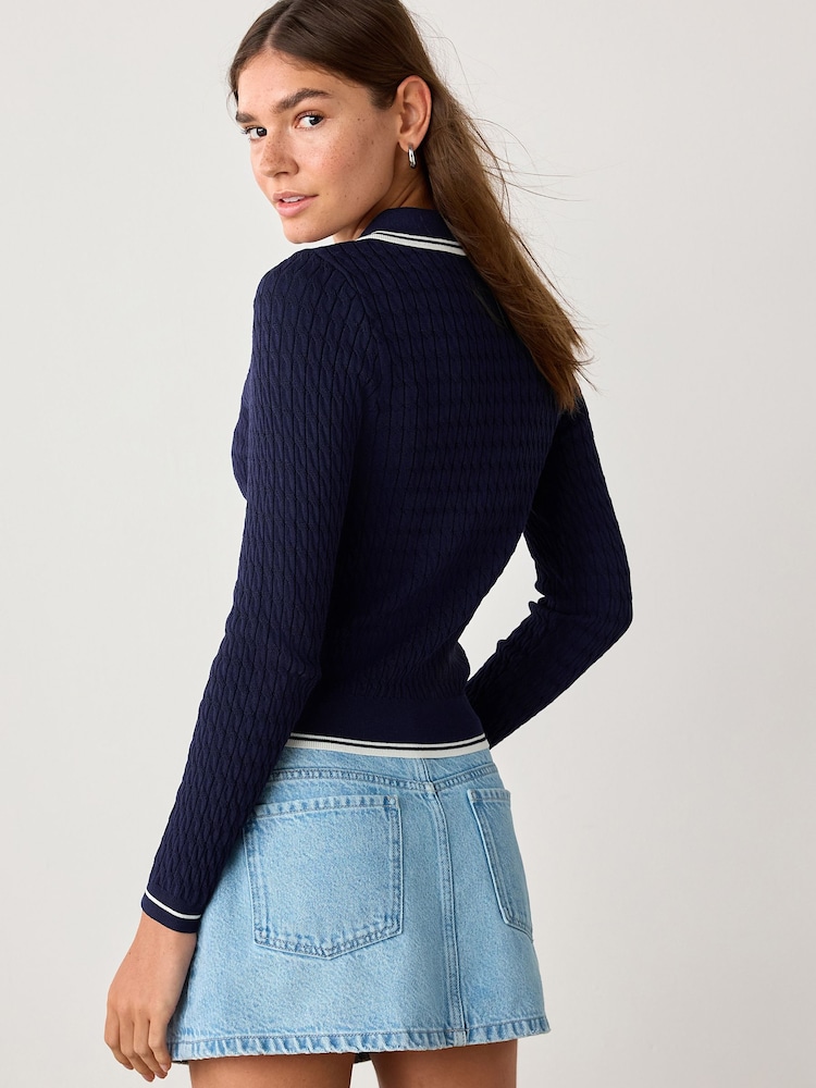 Marineblau/blau - Skinny-Poloshirt mit Zopfmuster - Bild 2 von 7