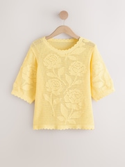 Light Yellow Floral Crochet Short Sleeve Crew Neck T-Shirt - Image 1 of 3