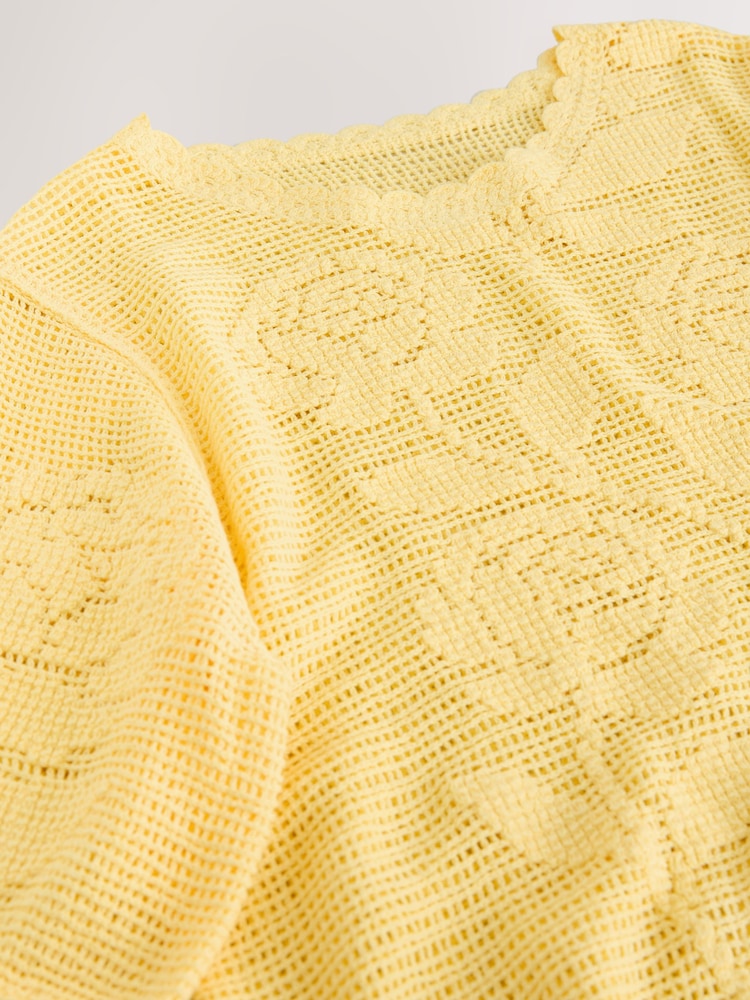 Light Yellow Floral Crochet Short Sleeve Crew Neck T-Shirt - Image 3 of 3