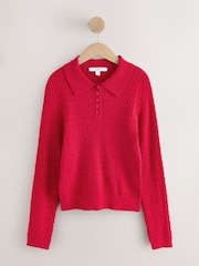 Rot - Skinny-Poloshirt mit Zopfmuster - Bild 1 von 3