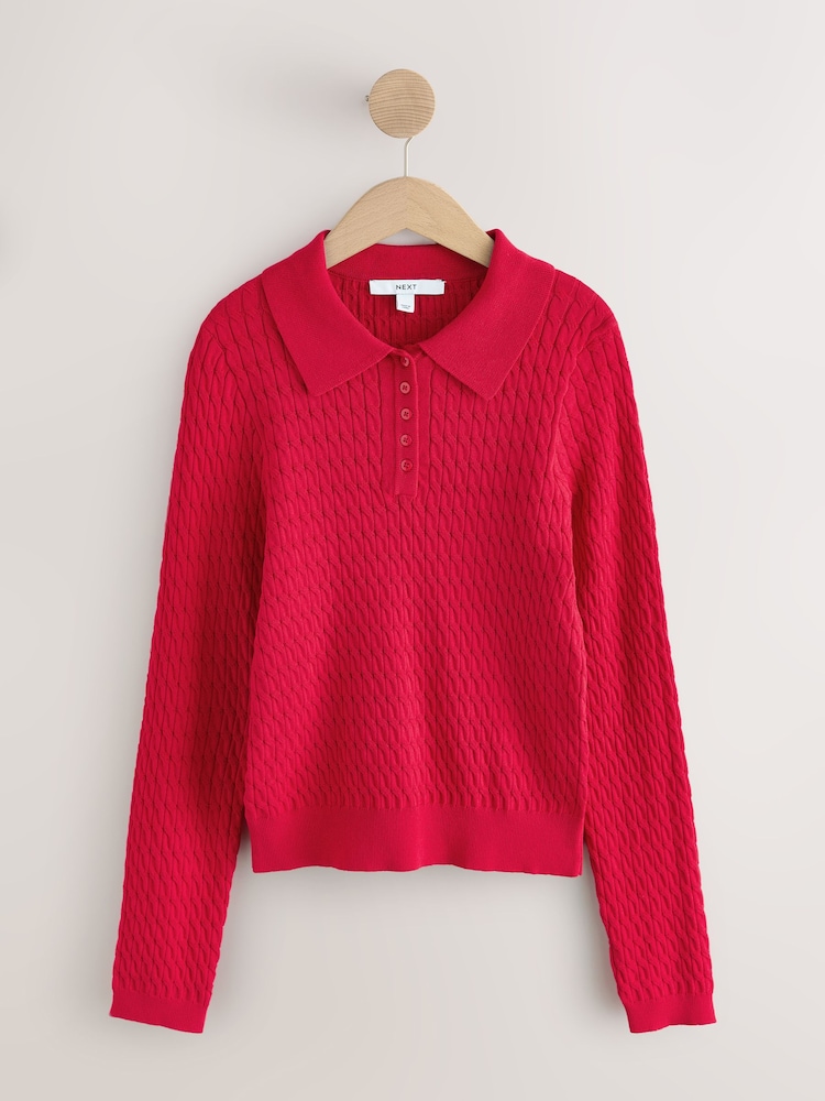 Rot - Skinny-Poloshirt mit Zopfmuster - Bild 1 von 3