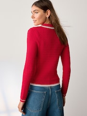 Red Cable Knit Skinny Polo Top - Image 4 of 8